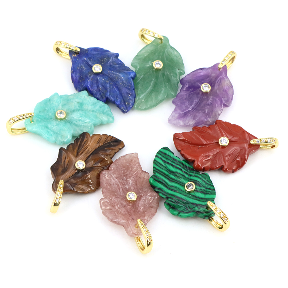 天然石リーフペンダントヒーリングクリスタルジルコン付き手彫り - Jewelry Making Gemstones のレビューと価格