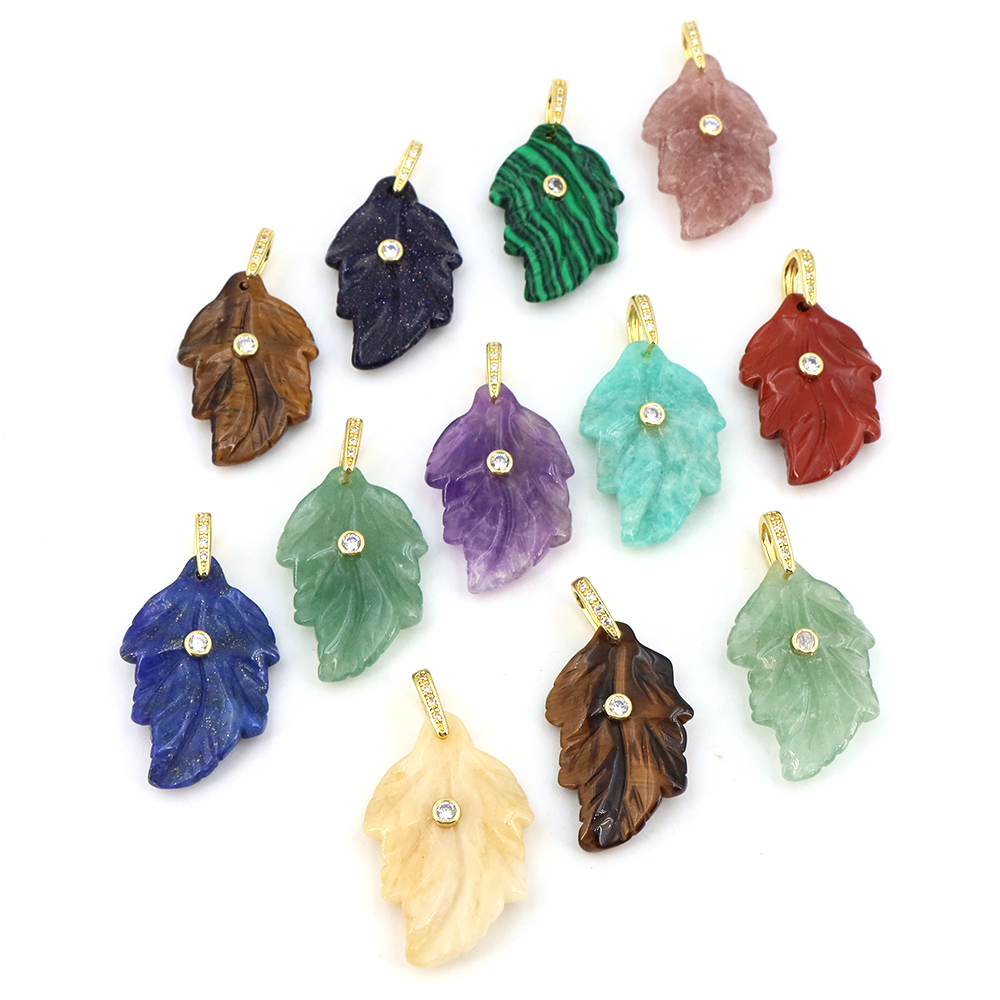 天然石リーフペンダントヒーリングクリスタルジルコン付き手彫り - Jewelry Making Gemstones のレビューと価格